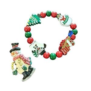 Heather Goldminc Festive Christmas Pin and Handpainted Beaded Bracelet Bundle
